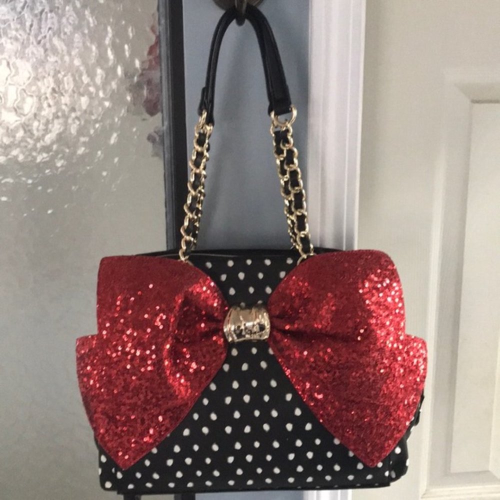 Betsey Johnson Black Polka Dot Shoulder Bag with Red Glitter Bow